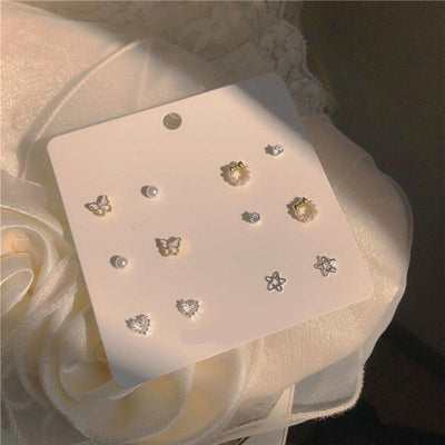 New Star Heart Bow Pearl Minimalist Stud Earrings Set for Women