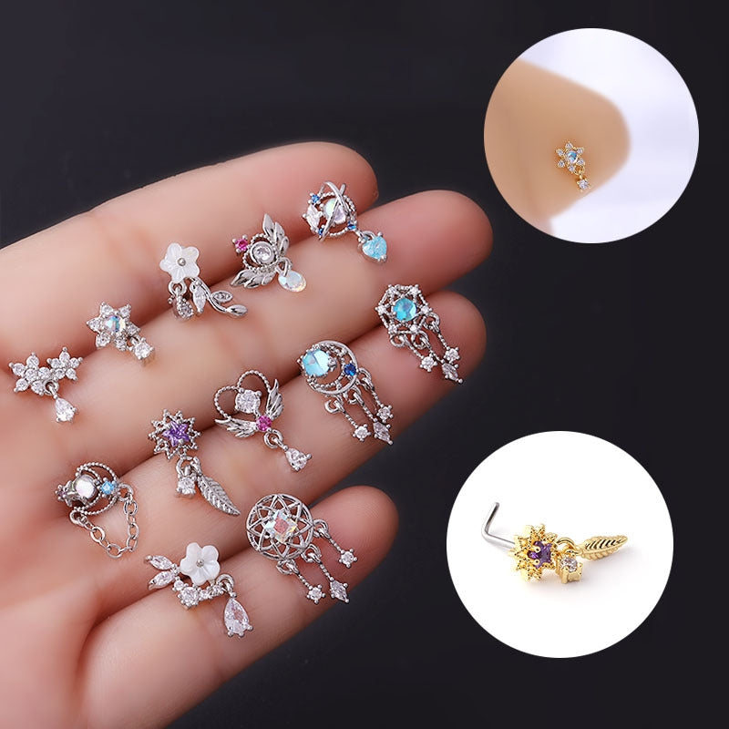 Fashion Flower Zircon Nose Studs 316L Stainless Steel Copper Plated