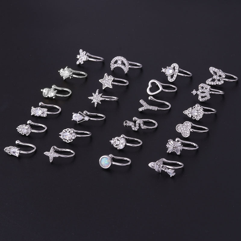 Geometric Copper Plated Zircon Nose Cuff & Studs Fashion Jewelry