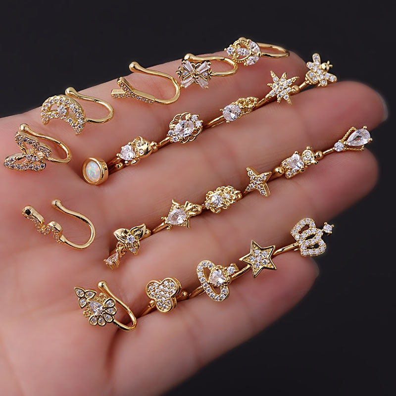 Geometric Copper Plated Zircon Nose Cuff & Studs Fashion Jewelry