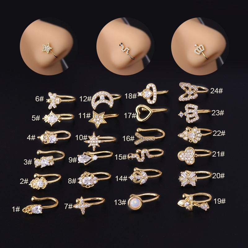 Geometric Copper Plated Zircon Nose Cuff & Studs Fashion Jewelry