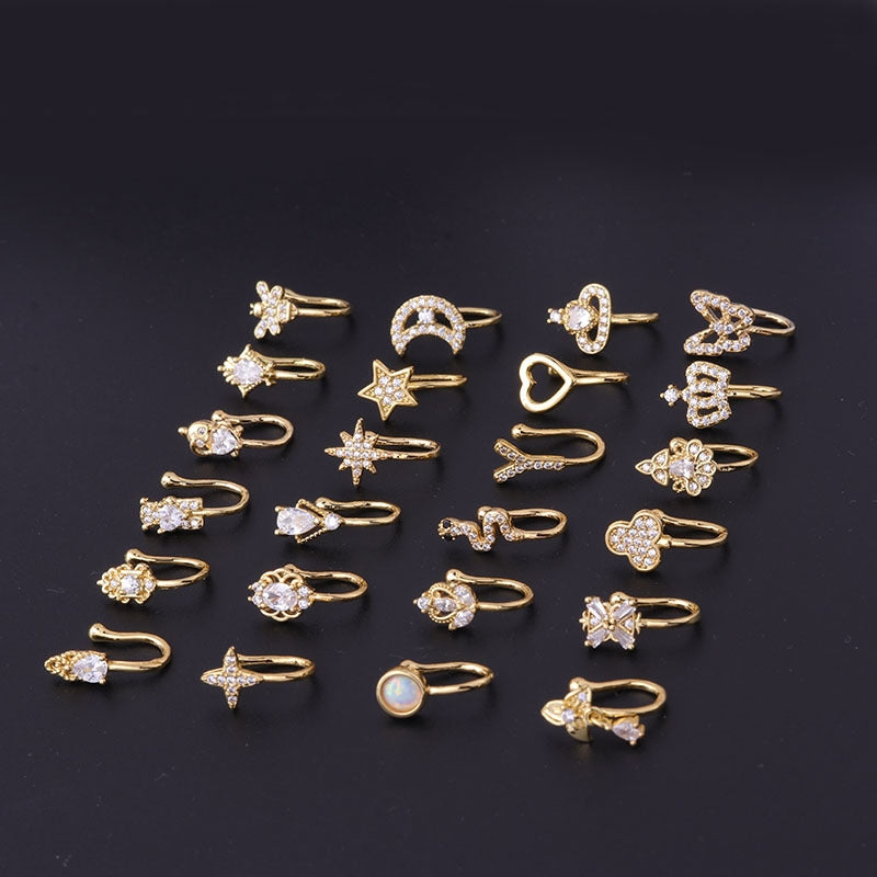 Geometric Copper Plated Zircon Nose Cuff & Studs Fashion Jewelry