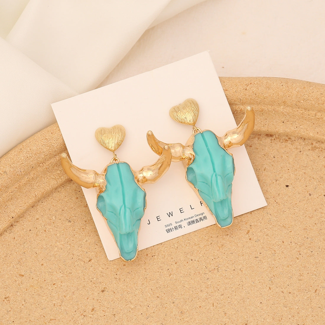 Bohemian Cattle Head Stainless Steel Resin Drop Earrings