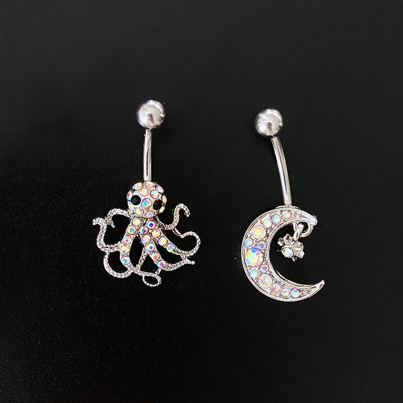 Novelty Streetwear Moon Octopus Heart Zircon Inlay White Gold Plated Belly Ring