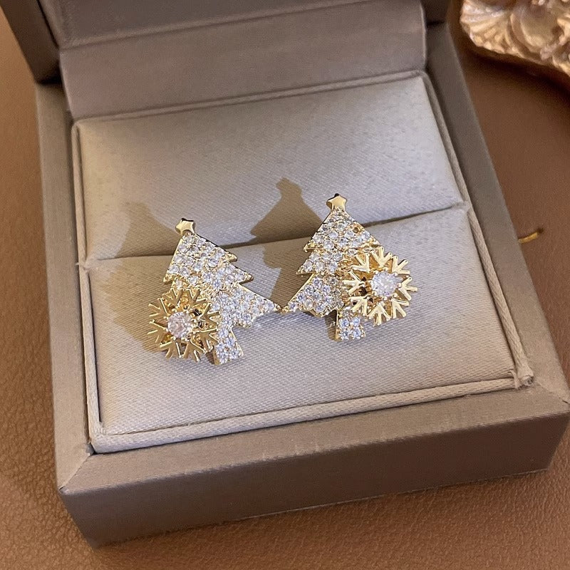 Fashion Rotatable Christmas Tree Snowflake Zircon Stud Earrings in 925 Silver