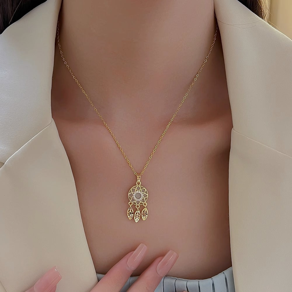 Dreamcatcher Stainless Steel Gold Plated Circle Pendant Necklace