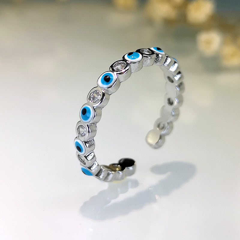 Fashion Jewelry Copper Ring with Micro-inlaid White Zircon and Enamel Evil Eye Design