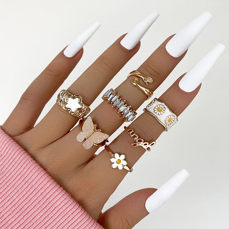 European American Tai Chi Pink Diamond Flower & Heart Ring Set