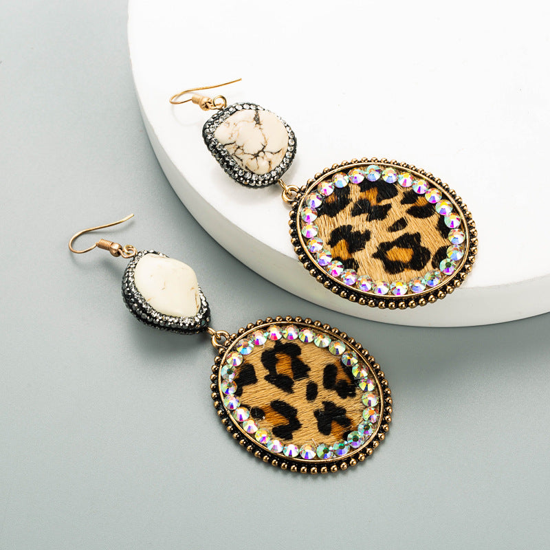 Alloy Turquoise Leather Leopard Print Geometric Earrings