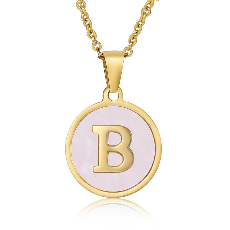 18K Gold Plated Pink Shell Round Letter Pendant Stainless Steel Necklace for Women