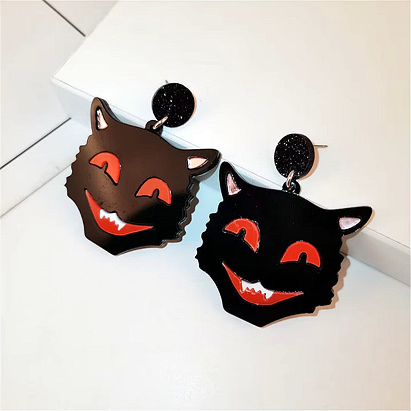 1 Pair Halloween Skull and Black Cat Acrylic Drop Earrings