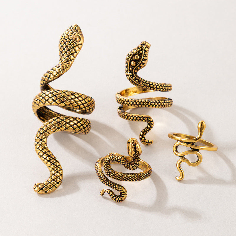Curved Snake Alloy Earrings and Vintage Snake Ring Set for Men