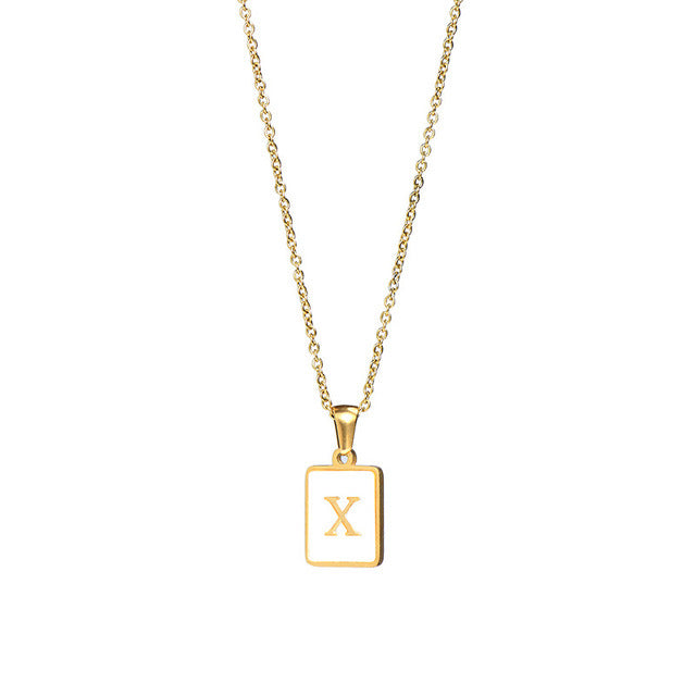 Unisex 18k Gold Plated Stainless Steel Letter Pendant Necklace with White Shell Accents