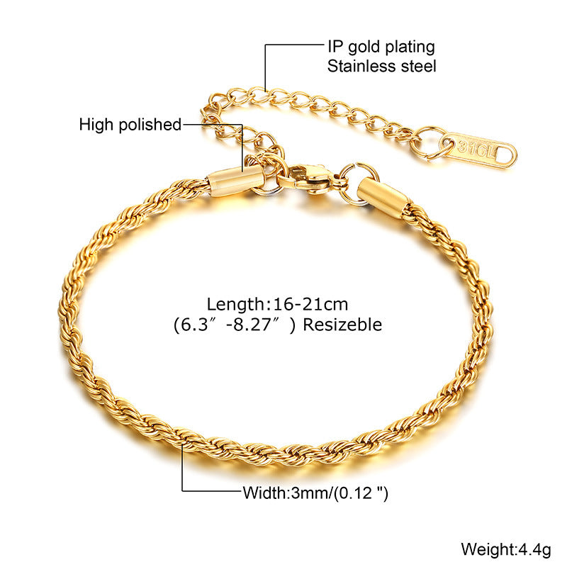 Classic Twisted Stainless Steel 18K Gold Plated Bracelet