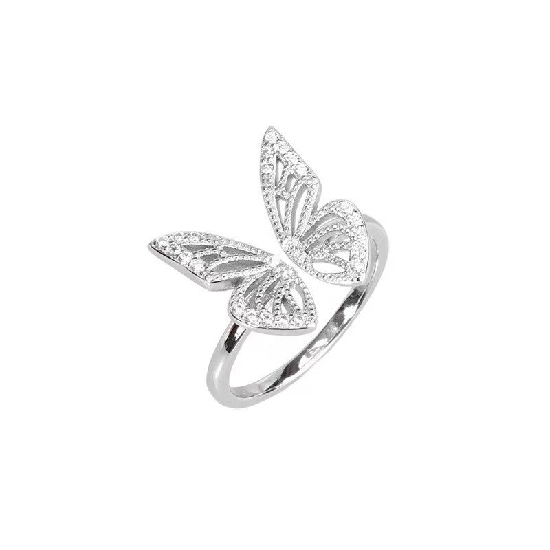 Elegant S925 Sterling Silver Hollow Butterfly Adjustable Open Ring for Women