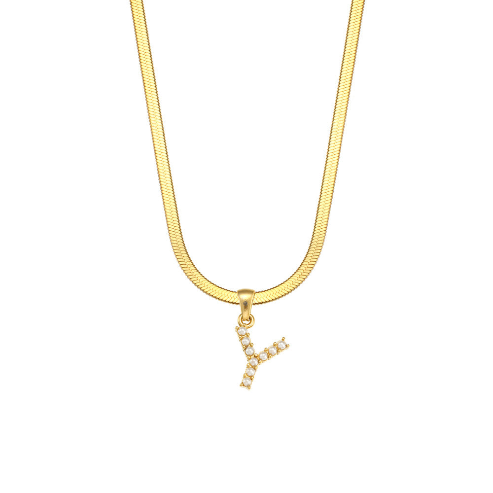 Elegant Letter Pendant Necklace with 18K Gold Plated Snake Chain and Artificial Pearls