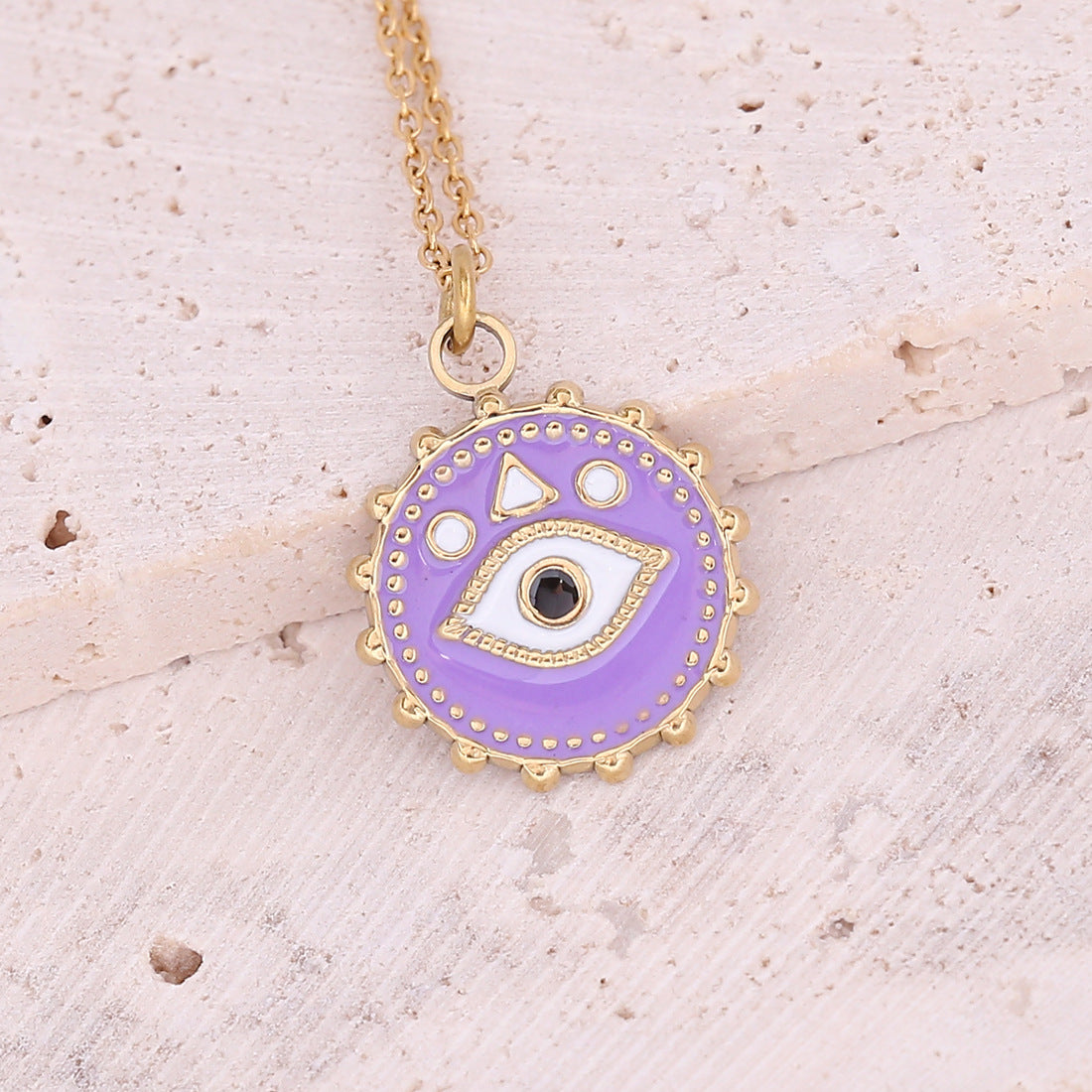 Oil Dripping Eye Pendant Stainless Steel Geometric Cross Necklace with Moon Clavicle Chain