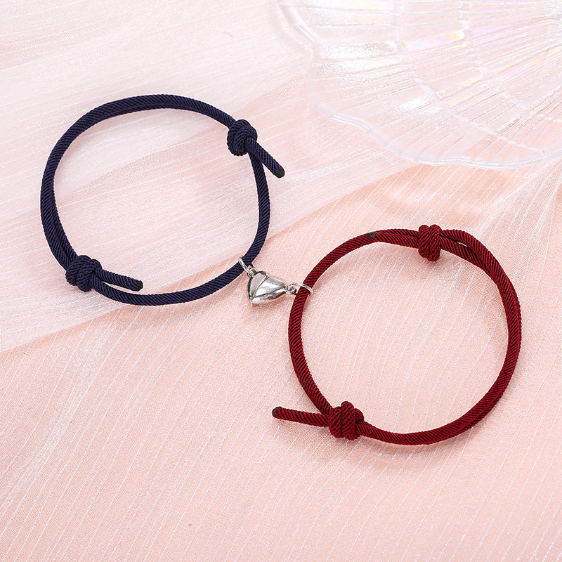 Heart-shaped Magnetic Couple Bracelets Set - Alloy Love Charm Rope Jewelry