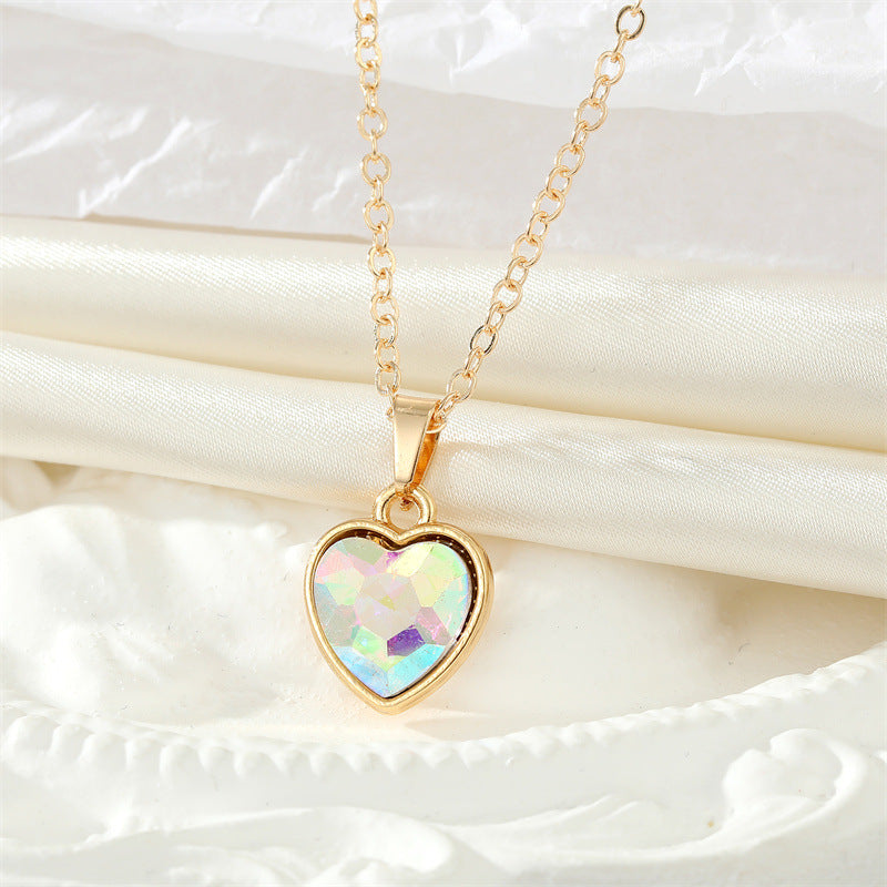 Vintage Zircon Heart Pendant Multicolor Stone Necklace