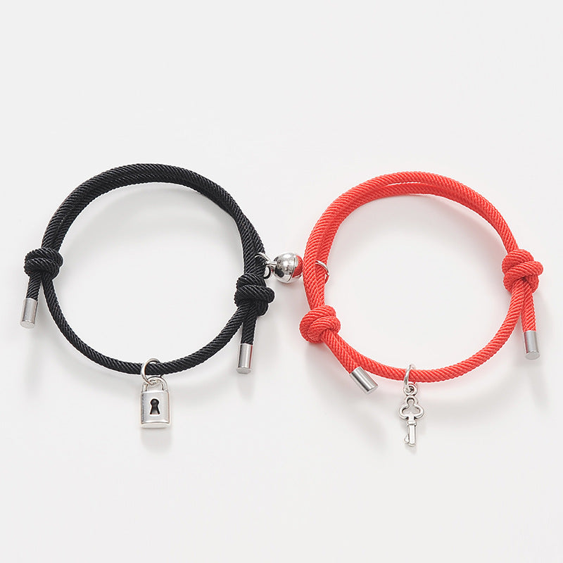 Alloy Key Lock Magnetic Couple Hand Rope Bracelet Set