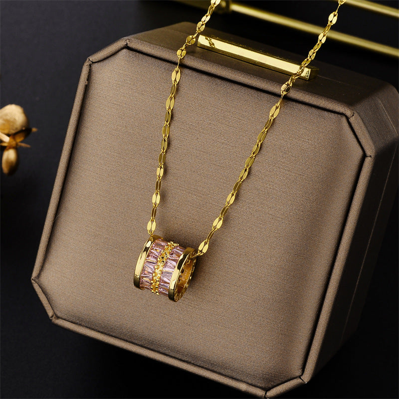 Elegant Geometric Zircon Pendant Necklace in Gold-Plated Titanium Steel
