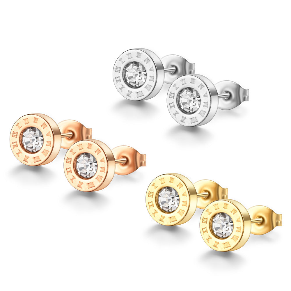 IG Style Roman Numerals Stainless Steel Rhinestone Couple Ear Studs