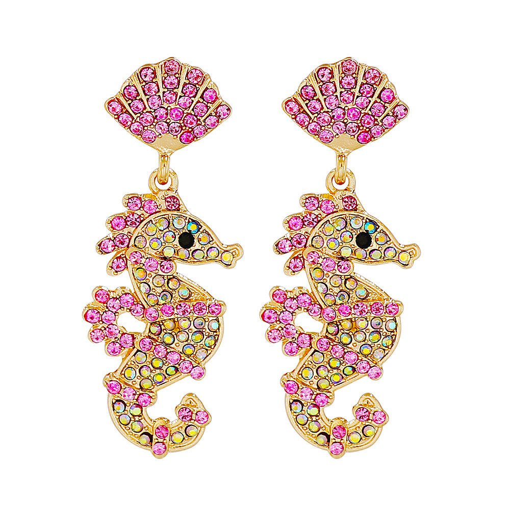 Colorful Seahorse Geometric Rhinestone Alloy Earrings - Creative Vintage Design