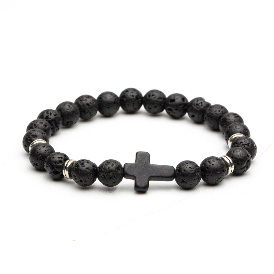 Black Stone Cross Elastic Bracelet with Volcanic and Frosted Beads