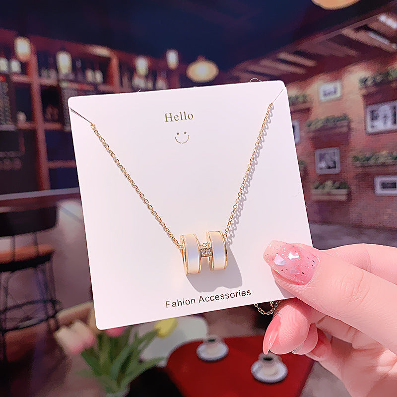 Fashion Titanium Steel Zircon Pendant Necklace with Cat Eye Stone Choker