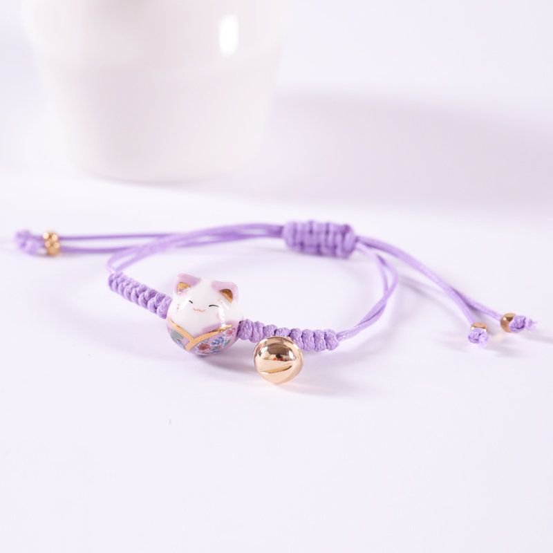 Korean Fashion Ceramic Lucky Cat Adjustable Weaving Bracelet for Women