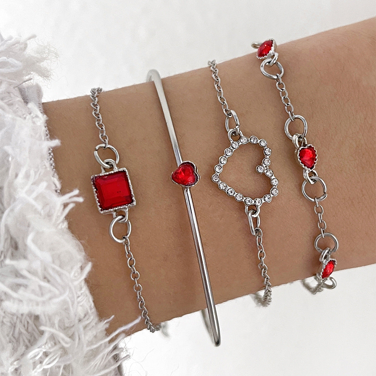 Sweet Streetwear Square Heart Gemstone Metal Bracelet Set - 4 Pieces