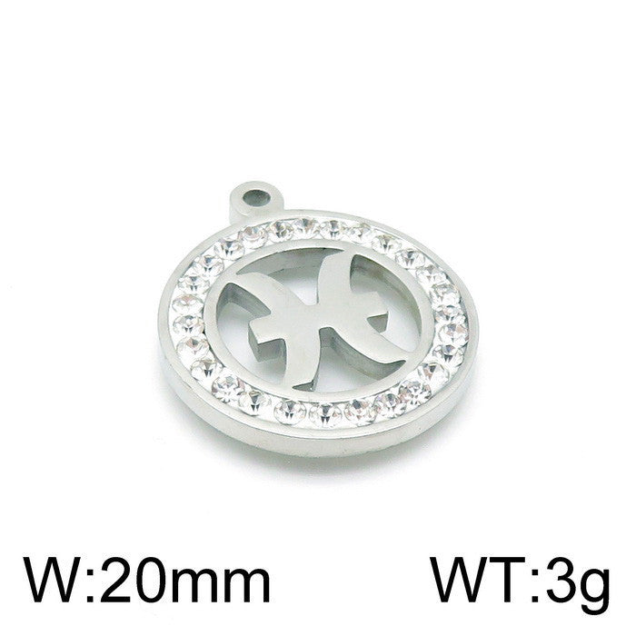 Classic Stainless Steel Zodiac Constellation Pendant Necklace with Rhinestone Inlay
