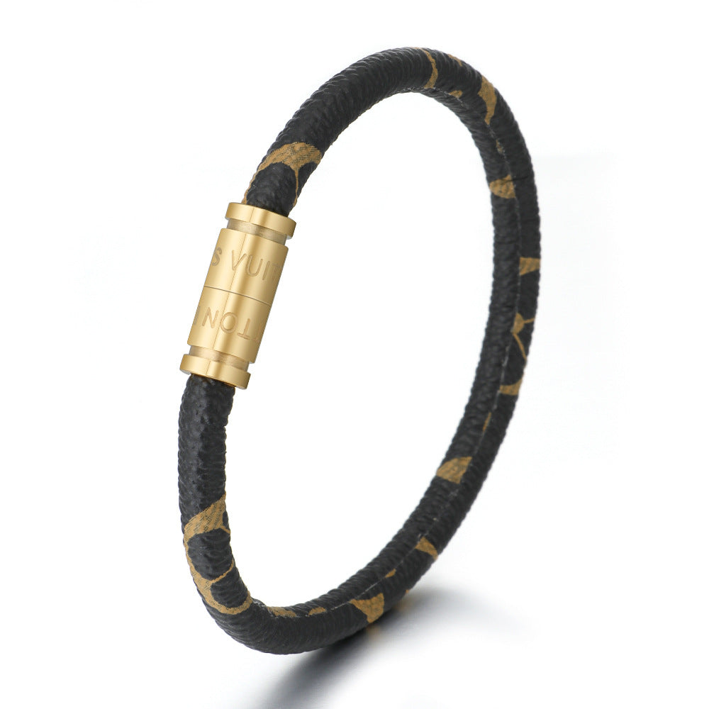 New Fashion Cowhide Striped Leather Bracelet with Stainless Steel Magnetic Clasp