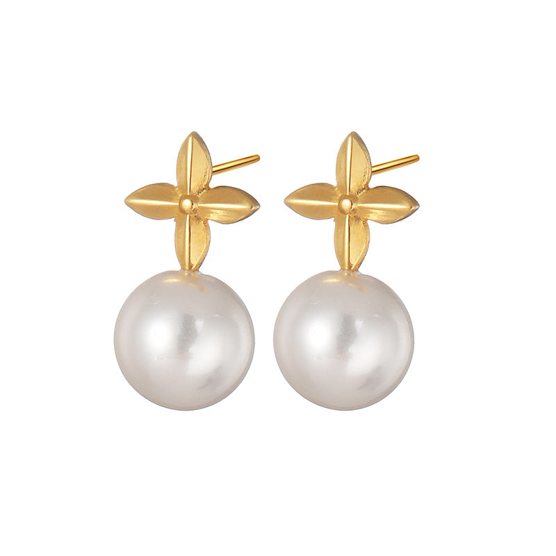 1 Pair Minimalist Flower Inlay 18k Gold Plated Stainless Steel Pearl Rhinestone Stud Earrings