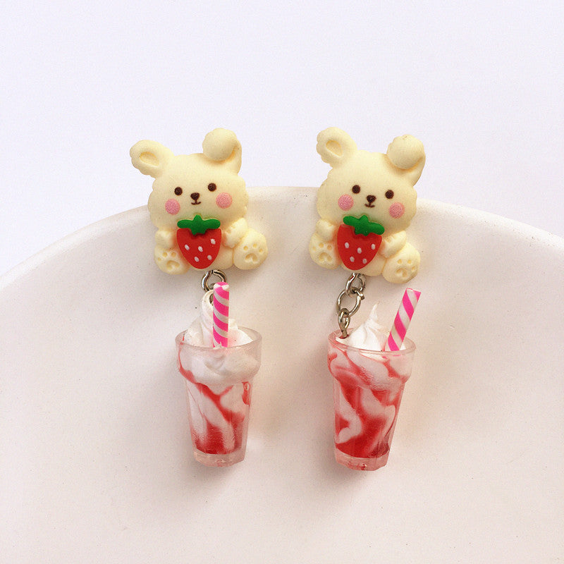 Creative Ice Cream Pearl Milk Tea Bear Strawberry Resin Earrings
