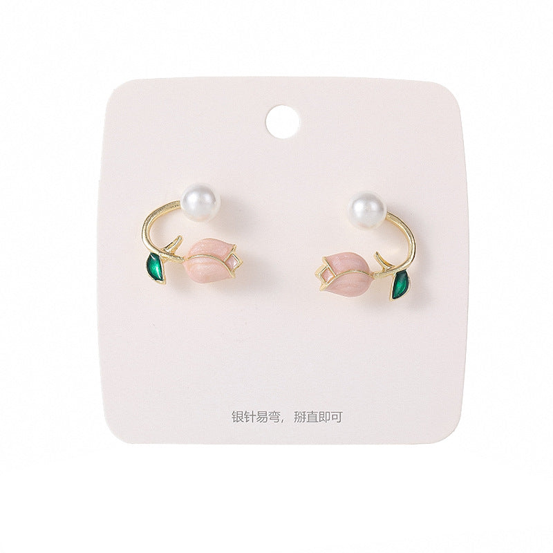 Fairy Leaf Flower Opal Zircon Earrings with Imitation Pearl and Green Tulip Tassel Design