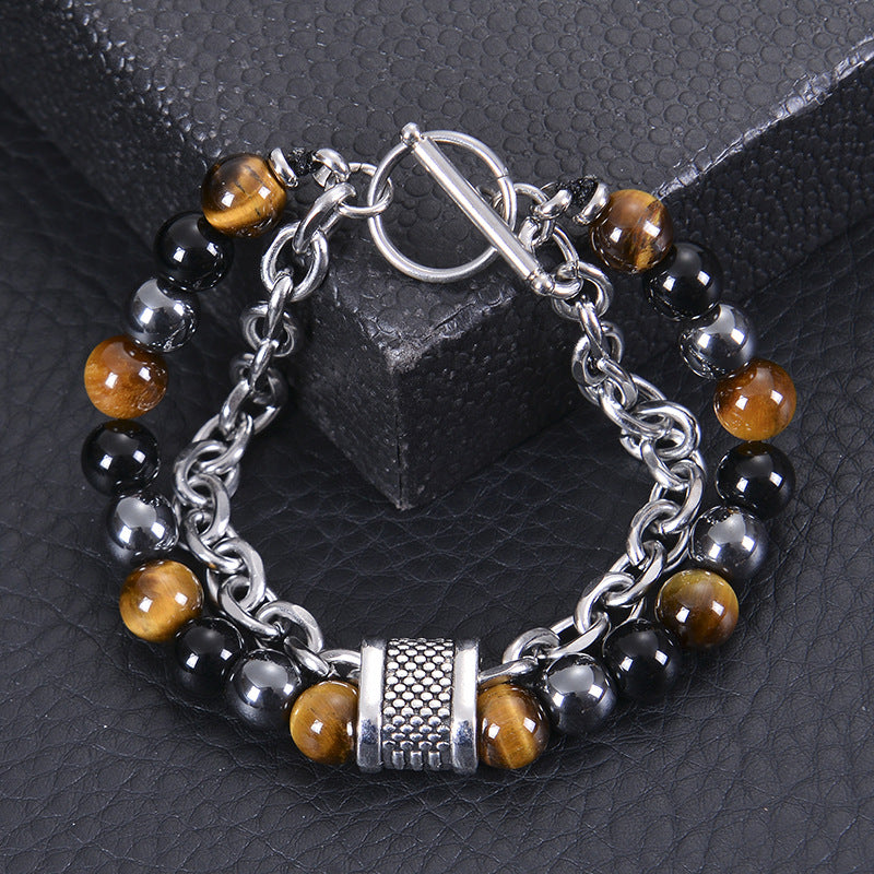 Geometric Natural Stone Lava Bead Stainless Steel Double Layer Bracelet