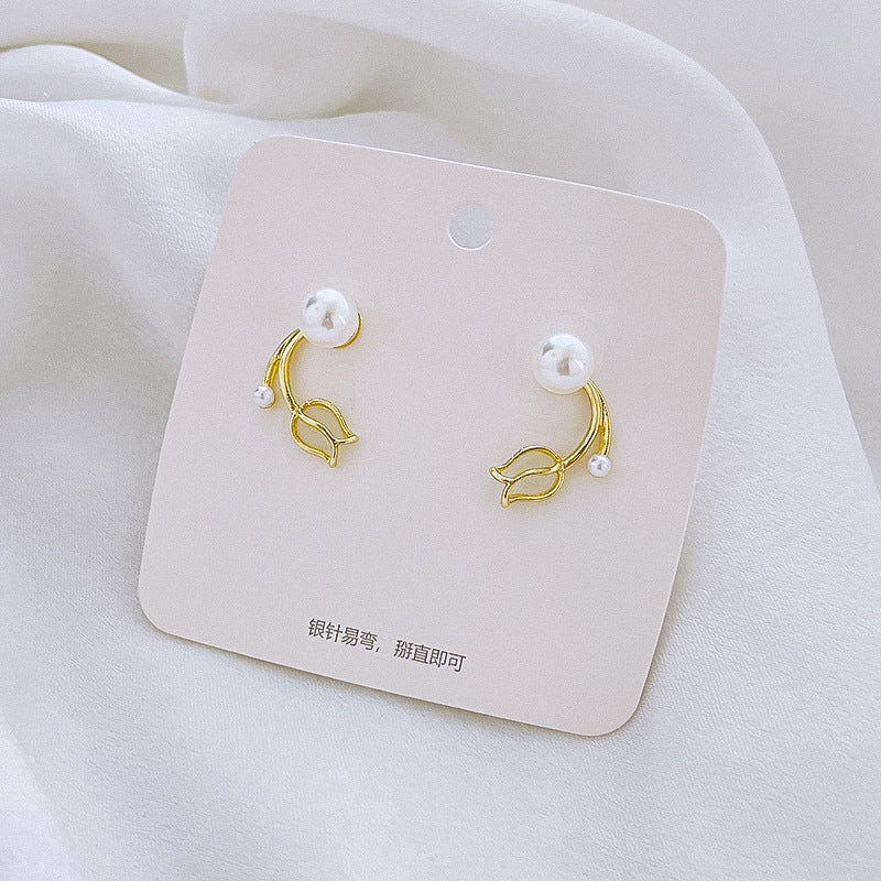 Fairy Leaf Flower Opal Zircon Earrings with Imitation Pearl and Green Tulip Tassel Design