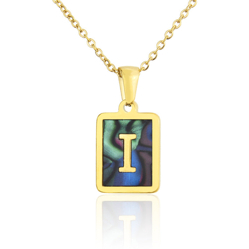 Stainless Steel Abalone Shell Square Pendant 26 Letter Necklace