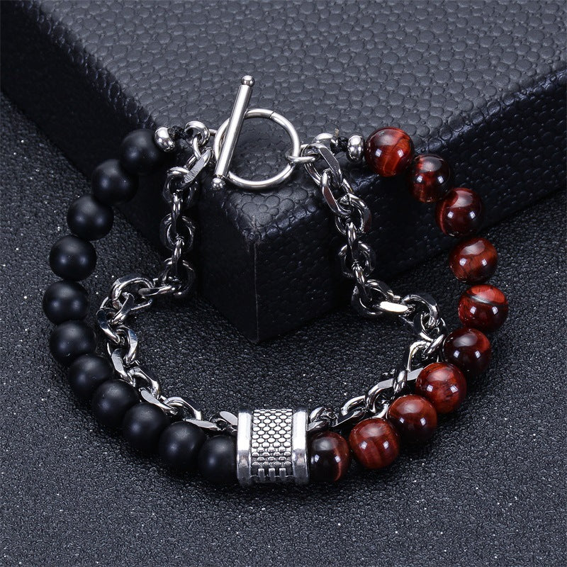 Geometric Natural Stone Lava Bead Stainless Steel Double Layer Bracelet