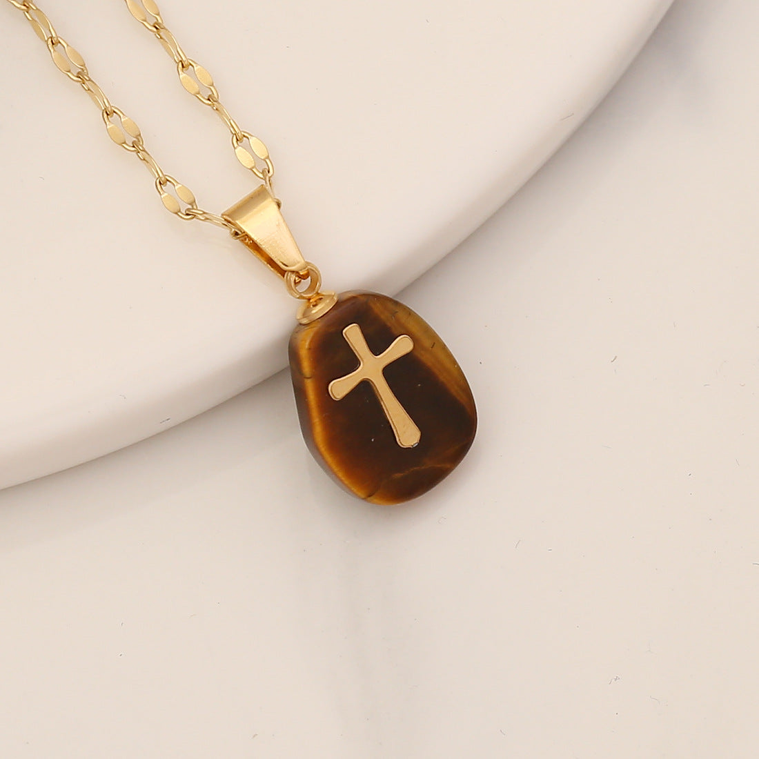 Fashion Stainless Steel Natural Stone Cross Pendant Necklace