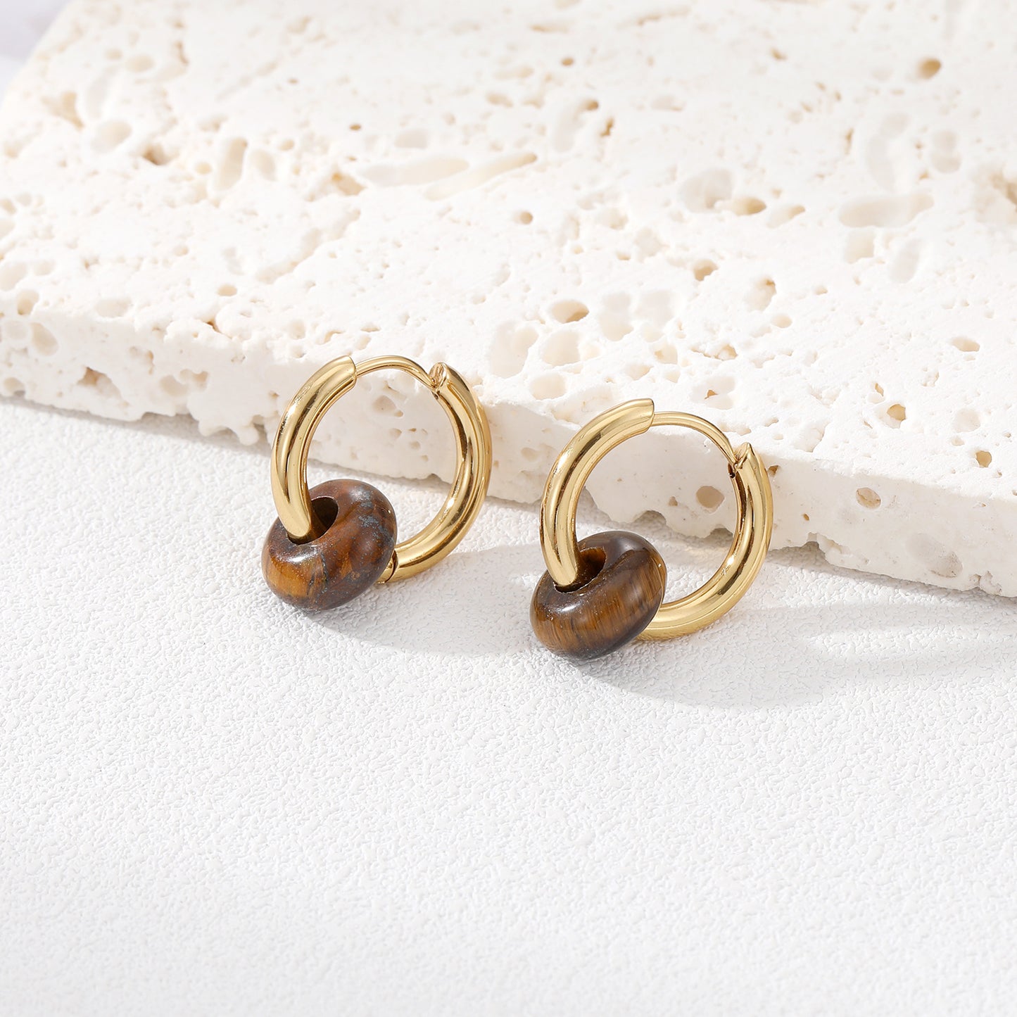 Fashion Vintage Textured Natural Stone Bead Stainless Steel Hoop Earrings