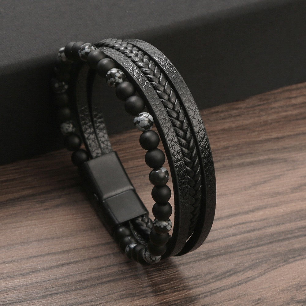 Hip-Hop Retro Round PU Leather Natural Stone Beaded Men's Bracelet