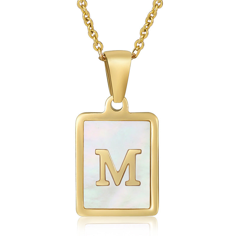 Stainless Steel Alphabet Pendant Necklace with Inlay Shell and 18K Gold Plating