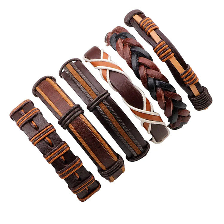 Fashion Cowhide Braided Men's Leather Bracelet Set - 6 Pieces
