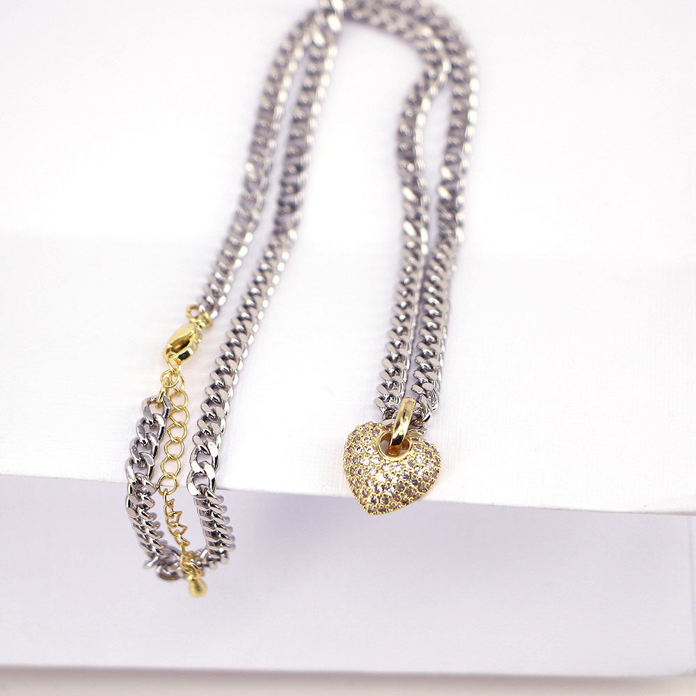 Fashion Heart Zircon Pendant Thick Chain Necklace for Women