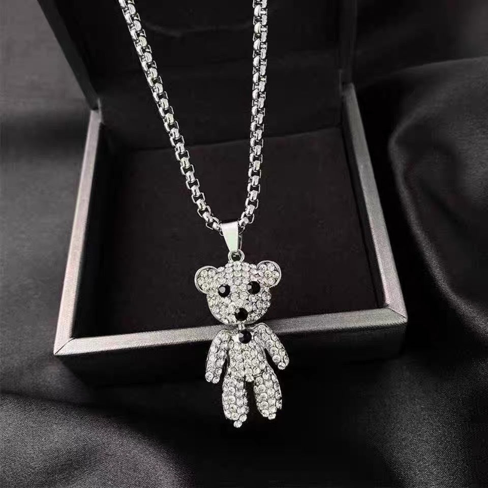 Fashion Rhinestone Bear Pendant Necklace for Women - Stainless Steel, Adjustable Trendy Chain
