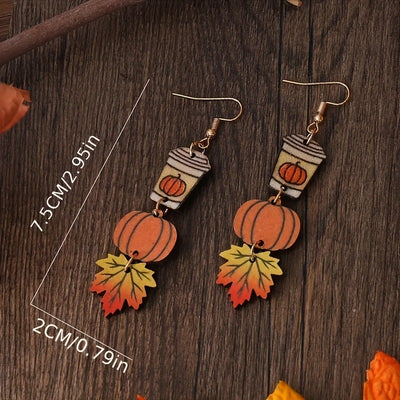 Cartoon Pumpkin and Maple Leaf Wood Drop Earrings for Women