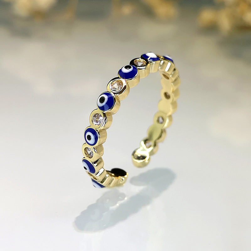 Fashion Jewelry Copper Ring with Micro-inlaid White Zircon and Enamel Evil Eye Design