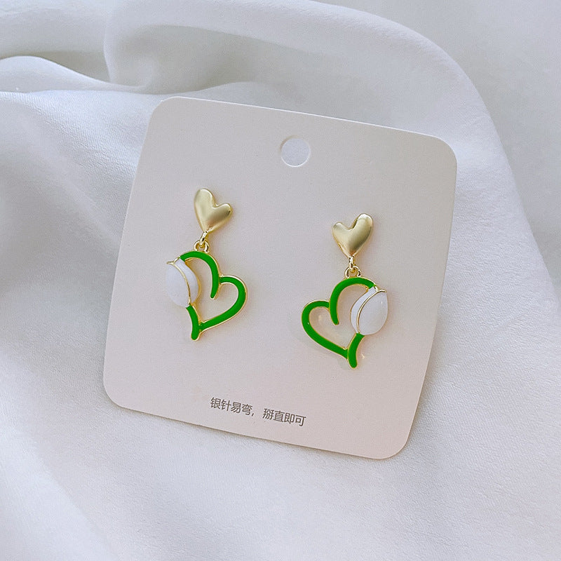 Fairy Leaf Flower Opal Zircon Earrings with Imitation Pearl and Green Tulip Tassel Design